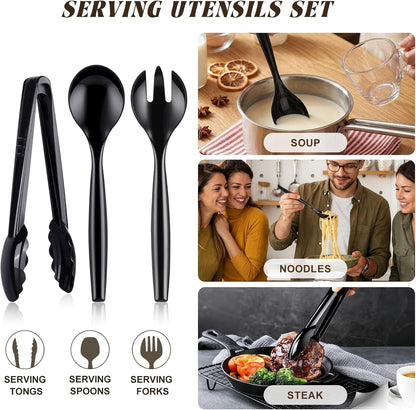 Plastic Serving Utensils Set Disposable Tongs Spoons for Buffet | 10Inch Heavy Duty, BPA Free,18Pc Party Catering Supplies Buffet Display Utensils for Restaurant, Wedding, Banquet, Food,Black8