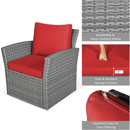 4 Pieces Patio Rattan Furniture Set, Outdoor Wicker Sofa Set with Tempered Glass Coffee Table, Cushions, All Weather Rattan Conversation Set for Yard Balcony Backyard Pool (Red)8
