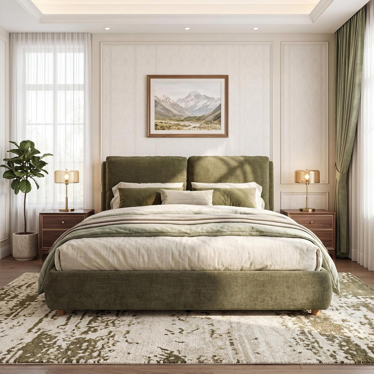 california-king-linen-blend-platform-bed-with-2-pillows-olive-green