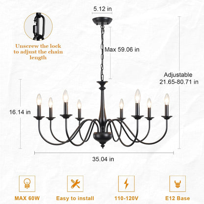 35" Farmhouse Chandelier, 8-Light Matte Black Classic Iron Candle Pendant Lighting, Adjustable Chain Ceiling Light Fixture for Sloped Ceiling, Dining Room, Kitchen Island & Foyer7