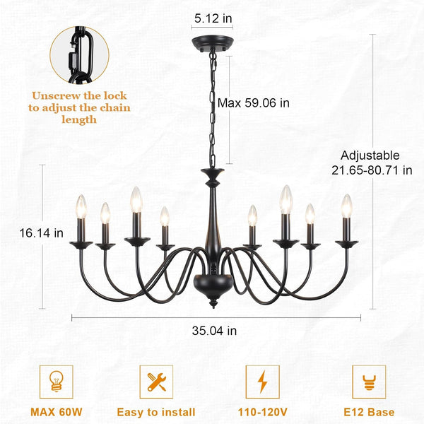 35" Farmhouse Chandelier, 8-Light Matte Black Classic Iron Candle Pendant Lighting, Adjustable Chain Ceiling Light Fixture for Sloped Ceiling, Dining Room, Kitchen Island & Foyer7