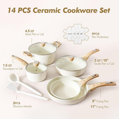 Ceramic Cookware Sets, Pots and Pans Set Non Stick, 14 Piece Induction Cookware, Non Toxic Healthy Non Stick Kitchen Cooking Set, with Frying Pans Set, PFAS PTFE PFOA PFOS Free3
