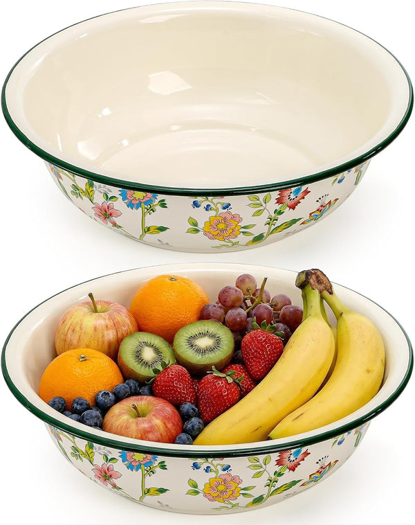 2 Pack Vintage Enamel Mixing Bowls, 11.8 Inch Primitive Enamelware Basin for Fruit, Salad, Pasta, Dough Making, 3.6 Quart Enamel Washing Bowl Serving Tray for Camping, Kitchen, Farmhouse Decor1