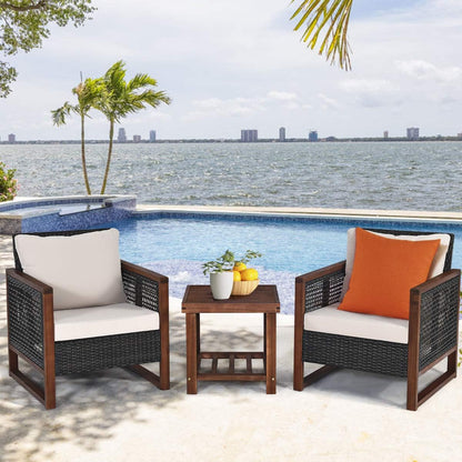 3 Pieces Patio Wicker Furniture Set, Rattan Outdoor Sofa Set W/Washable Cushion & Acacia Wood Coffee Table, Conversation Bistro Set for Garden Balcony Backyard (Beige)4