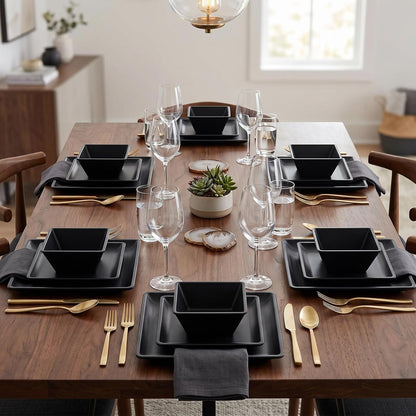 12 Piece Melamine Plates and Bowls Sets，Black Square Dinnerware Set for 48