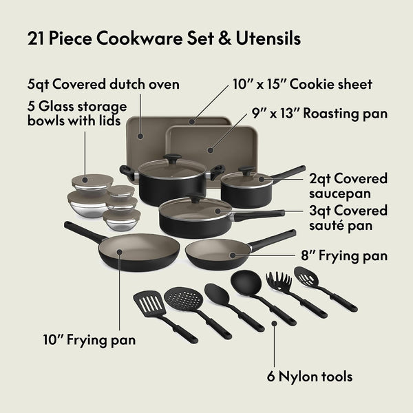 21 Piece Kitchen Set with Evergood™ Ceramic Nonstick Coating​, Dishwasher & Oven Safe, All Stovetops Compatible, Tempered Glass Lids & Cool Touch Handles, Black3
