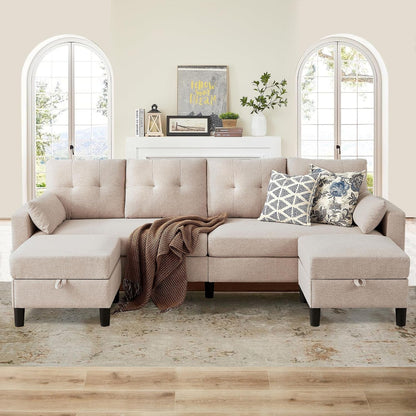 Sectional U Shape Sofa with Storage, 100" U Shaped 4 Seater Couch with 2 Movable Ottoman Chaises Polyester Fibre for Living Room, Beige1