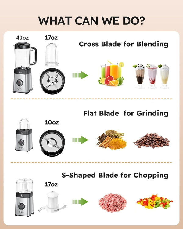 Blenders and Food Processor Combo for Kitchen, 5 in 1 Blender for Shakes and Smoothies, Meat Chopped, Grinding & More, 40 Oz Jar & 17Oz Cup with To-Go Lid, Stainless Steel Silver6
