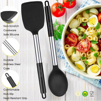 Kitchen Utensils Set of 2, Silicone Cooking Utensils, Turner/Spatula, Spoons - Heat Resistant, Nonstick Cookware, Dishwasher Safe, Black3
