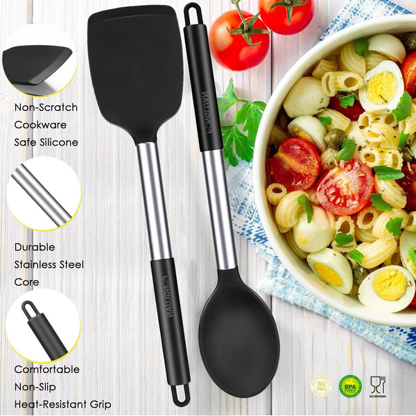 Kitchen Utensils Set of 2, Silicone Cooking Utensils, Turner/Spatula, Spoons - Heat Resistant, Nonstick Cookware, Dishwasher Safe, Black3