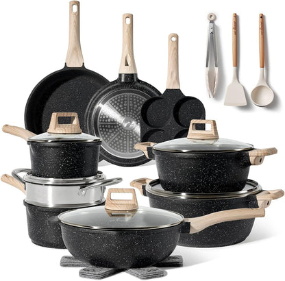 JUST PERFECTO Kitchen Pots and Pans Set with Lids Non Stick - Induction Pots Set - Pots & Pans Set without PTFE and PFOA - Cookware Pot Set Induction 21 Pcs (Black)1