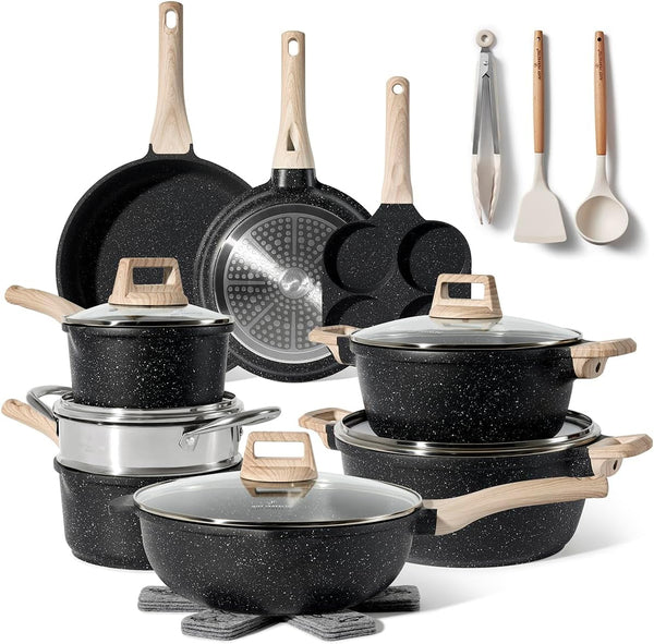 JUST PERFECTO Kitchen Pots and Pans Set with Lids Non Stick - Induction Pots Set - Pots & Pans Set without PTFE and PFOA - Cookware Pot Set Induction 21 Pcs (Black)1