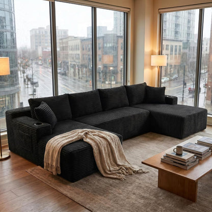 125" U-Shaped Modular Sectional Sofa, Corduroy Boneless Couch, Black1