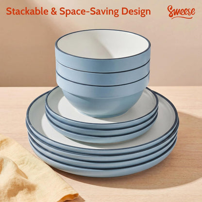 Porcelain Dinnerware Set for 6, 18 Pieces Kitchen Plates and Bowls Sets, Microwave Oven Dishwasher Safe Dish Set, Chip Scratch Resistant Reinforced Protective Rim Dishware Dinner Set, Blue6