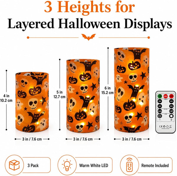 Halloween Flameless Candles with String Lights - Set of 3 Ghost Battery Operated Candle Flickering Floral LED Pillar Candles with Timer Remote for Home Decor Romantic Ambiance5