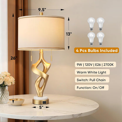 Gold Table Lamps for Living Room Set of 2, Modern Nightstand Lamps with Marble Base & Charging Ports, Rustic Resin Table Lamp for Bedrooms with Pull Chains Switch, 4 X Bulbs Included, 26"3