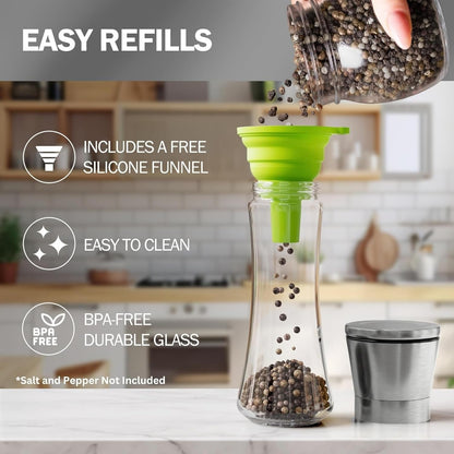 Premium Stainless Steel Sea Salt and Pepper Grinder Set of 2 - Adjustable Ceramic - Tall Glass Salt and Pepper Shakers - Kitchen Spice Mill W/Funnel & Ebook4