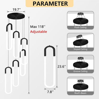 6 Rings 118'' Modern Large Dimmable LED Chandelier Dining Room Pendant Light Fixtures Ring Chandelier for Foyer Staircase Living Room Kitchen Island Black4