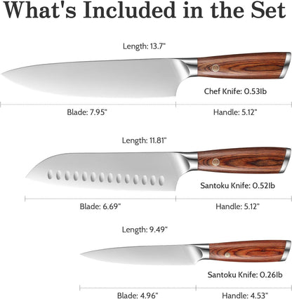 Kitchen Knife Set, 3 Pieces Japanese High Carbon Stainless Steel Chef Cooking Knife Set, Ultra Sharp Professional Chef Santoku Utility Knives (Silver)3
