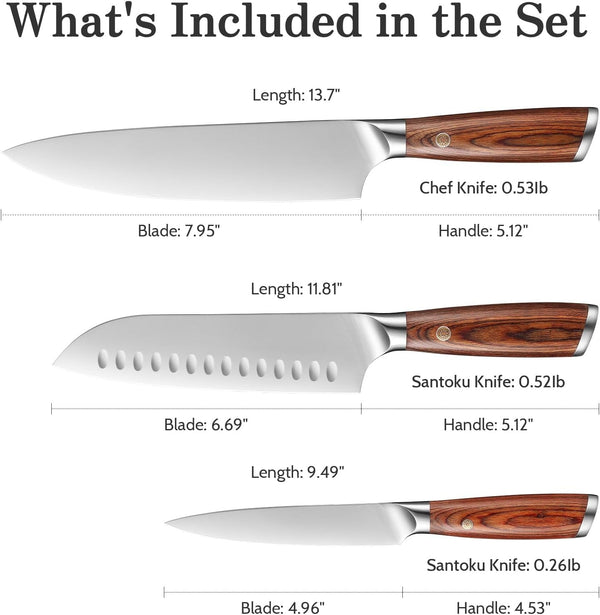 Kitchen Knife Set, 3 Pieces Japanese High Carbon Stainless Steel Chef Cooking Knife Set, Ultra Sharp Professional Chef Santoku Utility Knives (Silver)3