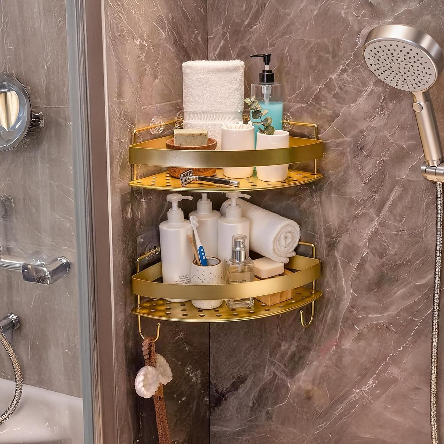 corner-shower-shelves-2-tier-gold-shower-candy-with-4-hooks-stainless-steel-bathroom-shower-organizers-wall-mounted-caddy-shelves-no-drilling-with-adhesive-triangle-storage-shelf-for-toilet
