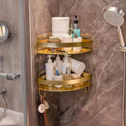 Corner Shower Shelves, 2-Tier Gold Shower Candy with 4 Hooks, Stainless Steel Bathroom Shower Organizers, Wall Mounted Caddy Shelves No Drilling with Adhesive, Triangle Storage Shelf for Toilet3