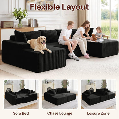 133" Oversized Modular Sectional Sofa, U-Shaped Boneless Couch with Double Chaise, Comfy Corduroy Cloud Couch Sectional, Deep Seat Sectional Couches for Living Room, No Assembly Required, Black4