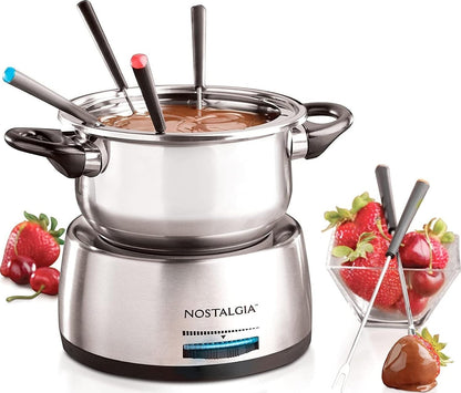 FPS200 6-Cup Stainless Steel Electric Fondue Pot with Temperature Control, 6 Color-Coded Forks and Removable Pot - Perfect for Chocolate, Caramel, Cheese, Sauces and More1
