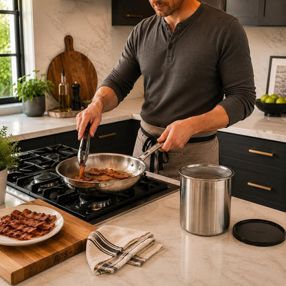 Oggi Stainless Steel Jumbo Grease Container with Removable Strainer and Snug Lid. Perfect Container for Fryer Oil, Bacon Drippings, Lard and Ghee Oil. Large Capacity Can - 1 Gall / 4 Qt / 3.75 Lt6