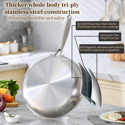 Tri-Ply Stainless Steel Pan,18/10, 12"+Lids | Nontoxic Durable Oven Safe 800℉ All Cooktops Compatible Fast Even Heat PFOA Free Large Frying Pan Nontoxic Cookware2