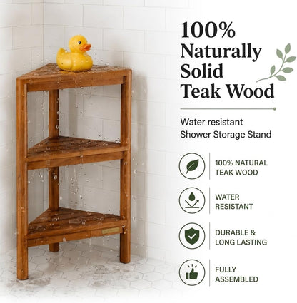 Fully Assembled Teak Corner Shower Shelf, Shower Caddy 26.5"3