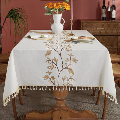 Cotton Linen Waterproof Table Cloth for Dining Table Farmhouse Kitchen Rectangle Tablecloth Coffee Wrinkle Free Tables Cover, Beige, Coffee Flower, 55X70 Inch1