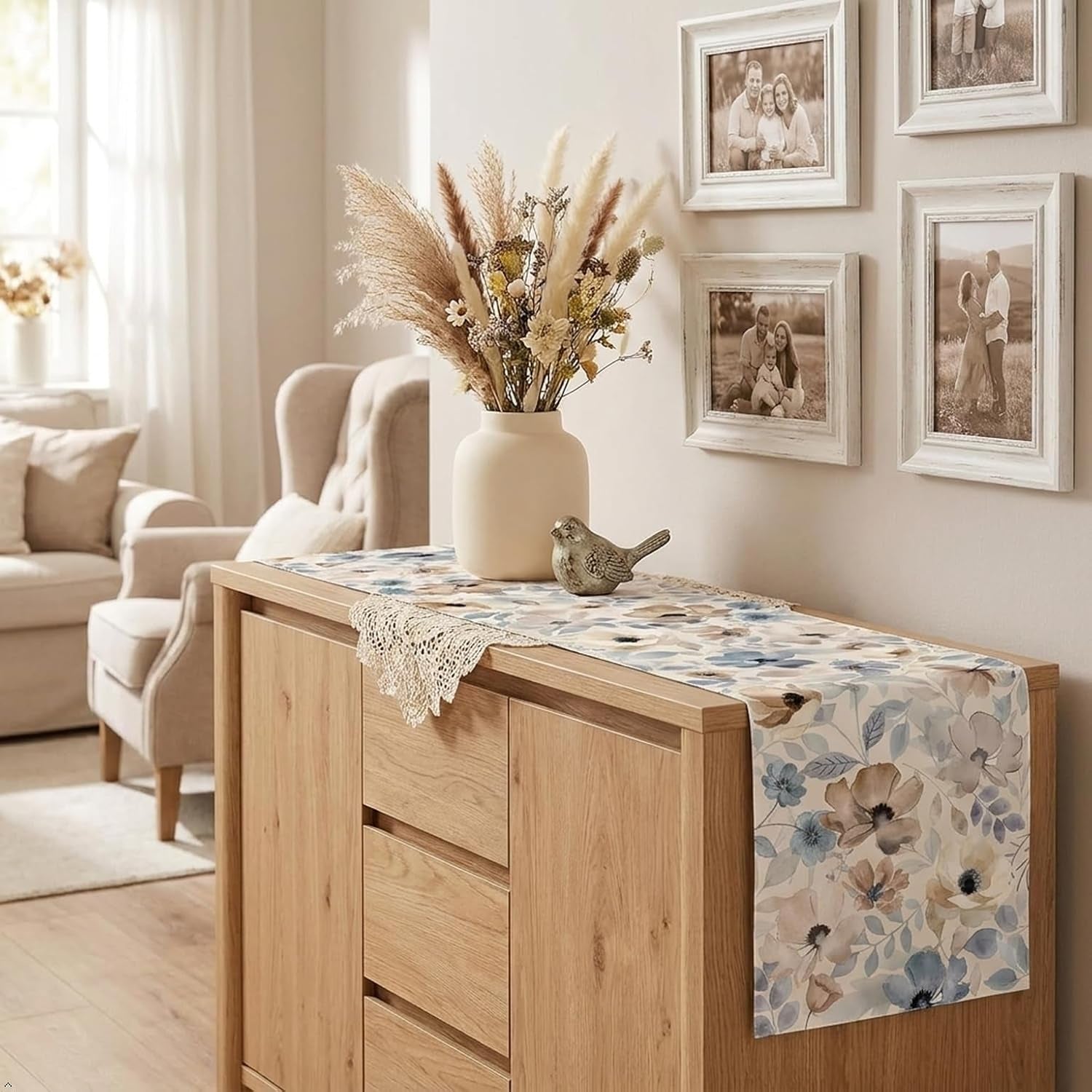 watercolor-floral-table-runner-blue-beigeneutral-linentexture-13x72inches