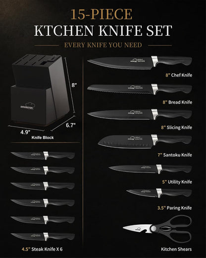 Knife Set 15 Piece Kitchen Knife Set with Block | Built in Sharpener, German Stainless Steel, Dishwasher Safe, Black Kitchen Knives Complete Set, for Home Cooking & Gifting5