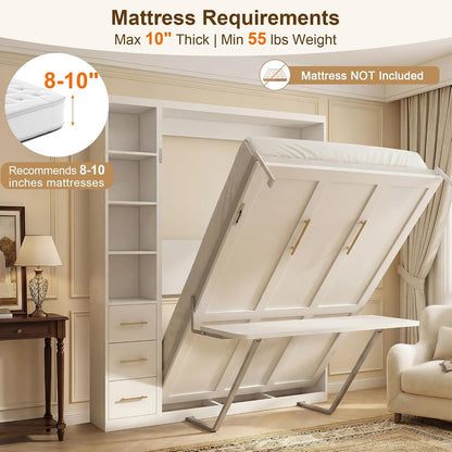 Queen Murphy Bed with Desk & Storage,4-Smooth Hydraulic Lift, White5