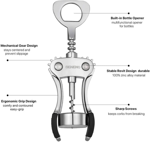 Wine Opener, Premium Wing Corkscrew Wine Bottle Opener, Silver | Durable Solid Zinc Alloy Body, Precise Sharp-Edged Screw, Ergonomic Non-Slip Grip Wing Handle, Multifunctional Bottle Openers5