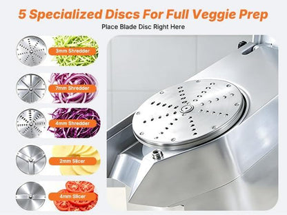 Hakka Commercial Vegetable Chopper- Stainless Steel Electric Food Processor | 550W Automatic Multi-Function Cheese Grating Machine & 5-Blades with 2 Feeding Holes Carrots Potato Onion Slicer/Shred, 110V6