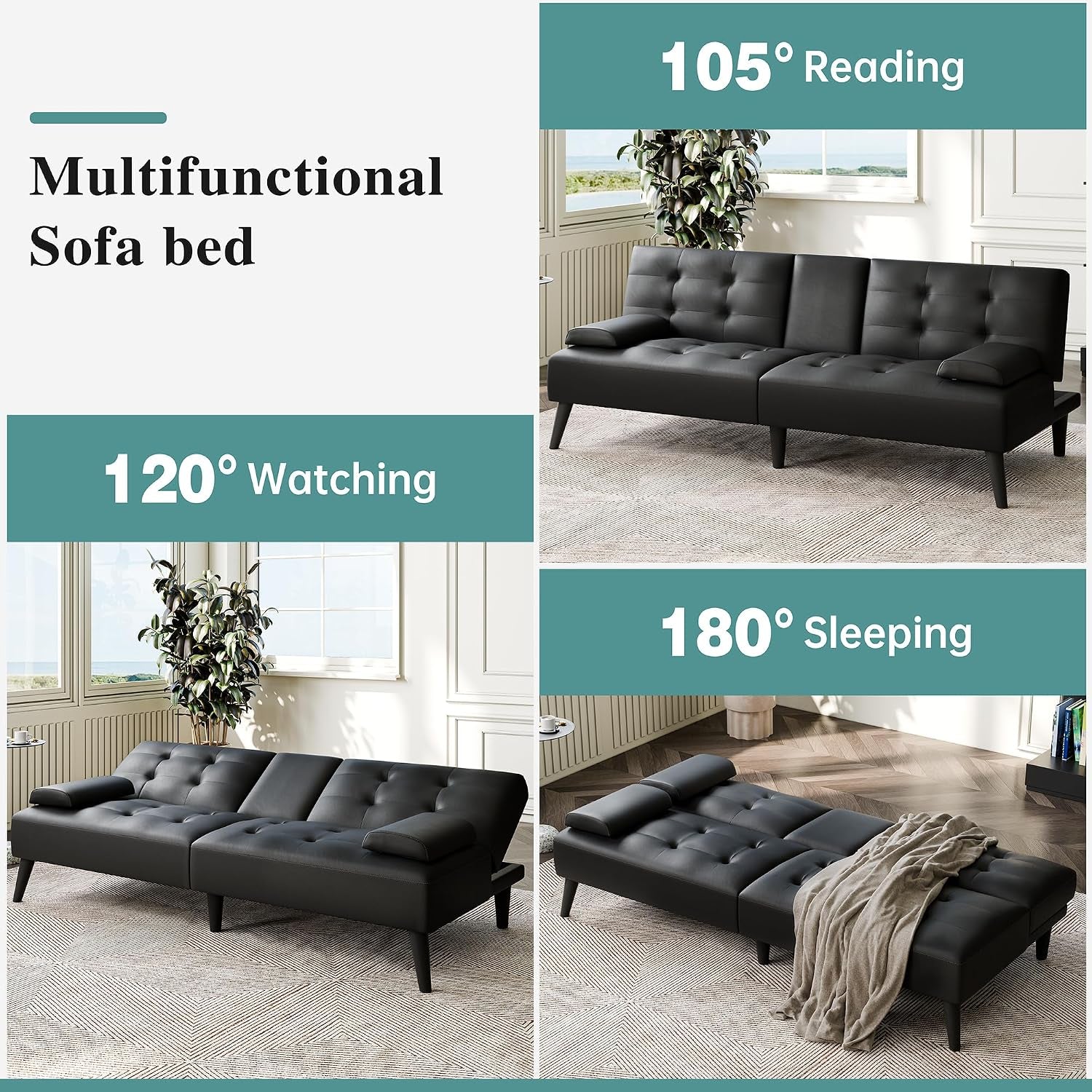 64-futon-sofa-bed-small-loveseat-with-2-cup-holders-pu-leather-black