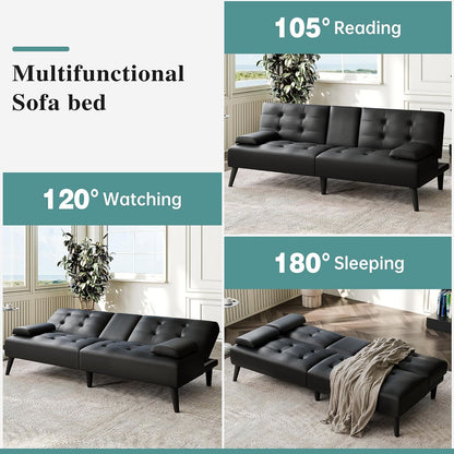 64" Futon Sofa Bed, Small Loveseat with 2 Cup Holders, PU Leather, Black4