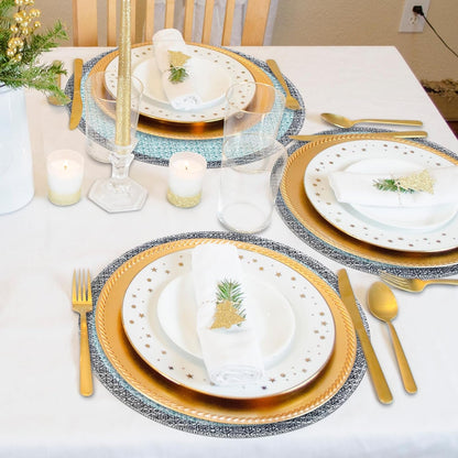 Blue Grey Ethnic Boho round Placemats Set of 4, 15 Inch Linen Burlap Washable Durable Art Table Mats for Holiday Party Kitchen Dining Room Decoration6