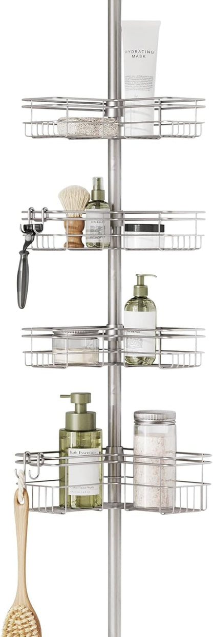 Tension Pole Shower Caddy Corner Organizer, Adjustable Standing Shower Caddy with 4 L-Shaped Baskets and Hooks, Rust Resistant Bathroom Tension Rod Organizer, 60 to 97 Inch, Satin Nickel1
