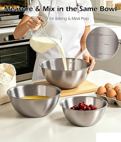 Stainless Steel Mixing Bowls Set of 4 with Colander, Nesting Metal Kitchen Bowls with Measurement Marks for Mixing, Prep, Salad & Baking, Dishwasher Safe4