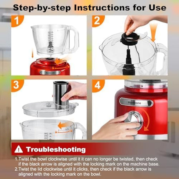 16-Cup Food Processor, Heavy-Duty 9-Function Appliance with 7 Blades & 3 Speeds for Dough Kneading, Meat Chopping, Slicing, Shredding & Making French Fries, 600W (Red, 16 Cup)2