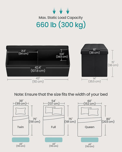 SONGMICS MAZIE Collection - 43 Inches Folding Storage Ottoman Bench, Ottoman with Storage, Foot Rest Stool, Load 660 Lb, for Living Room, Synthetic Leather, Black ULSF7013