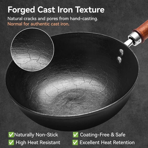 9.5 Inch Small Cast Iron Wok with Lid - Handcrafted Tortoise Shell Texture Uncoated Stir Fry Pan, Flat Bottom Wok for Electric, Induction & Gas Stoves, 2.5 Quart (Requires Seasoning)2