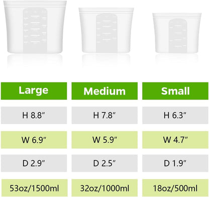 Reusable 100% Silicone Food Storage Bags, Sandwich Snack Bags New Generation Stand up Zip Container for Soup and Leftovers, Plastice & BPA Free, Microwave Oven Safe 3 Pack (51Oz, 34Oz, 17Oz)2