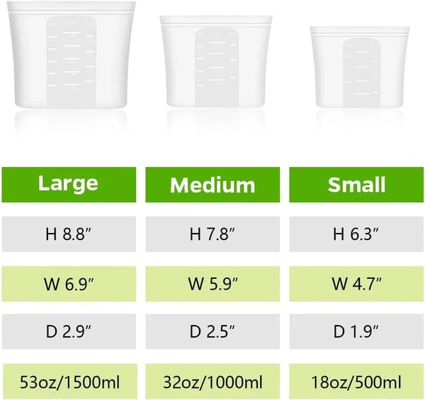 Reusable 100% Silicone Food Storage Bags, Sandwich Snack Bags New Generation Stand up Zip Container for Soup and Leftovers, Plastice & BPA Free, Microwave Oven Safe 3 Pack (51Oz, 34Oz, 17Oz)2