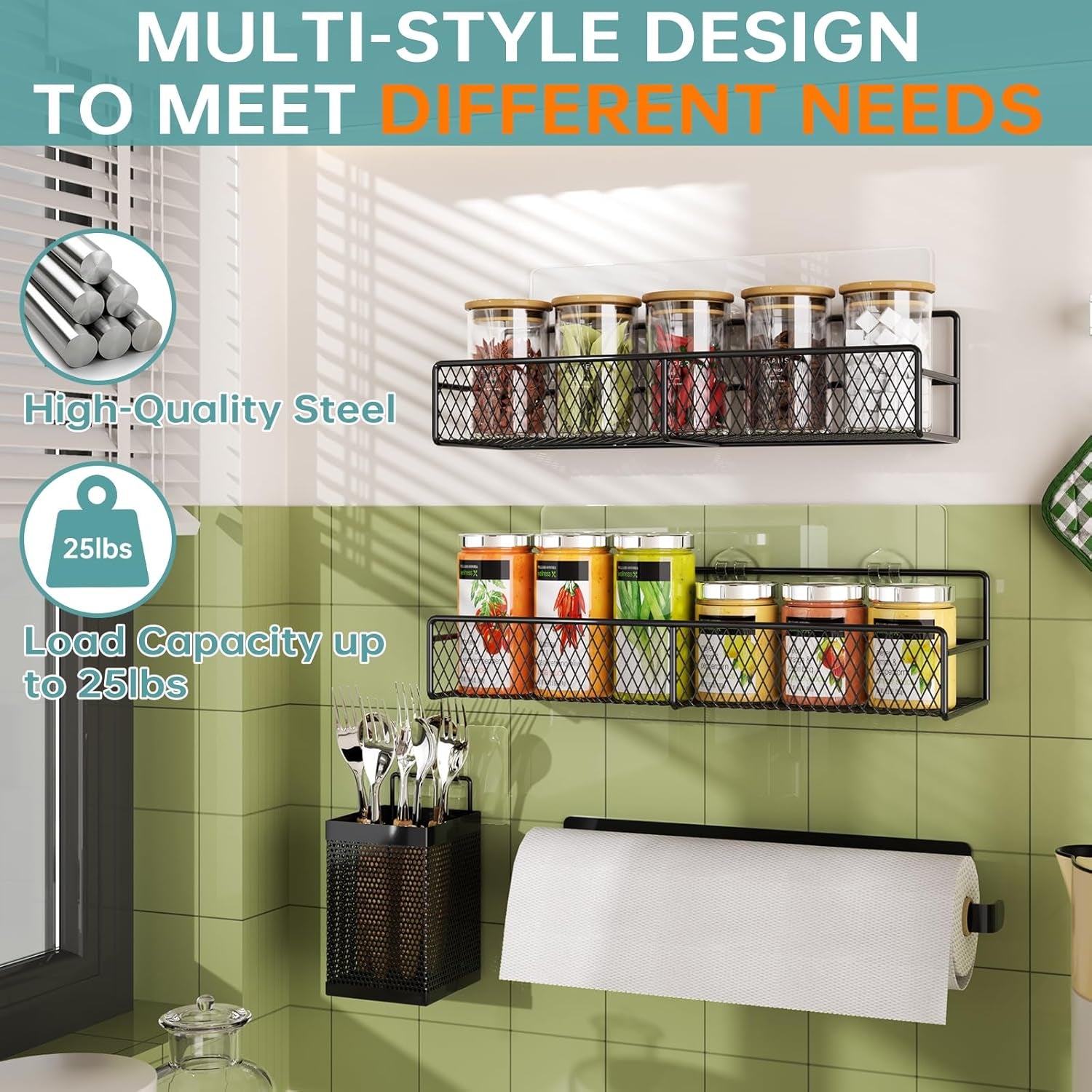 spice-rack-wall-mounted-6-pack-100-metal-strong-adhesive-spice-organization-for-kitchen-cabinet-pantry-door-no-drill-hanging-seasoning-organizer-with-paper-towel-holder-utensil-caddy