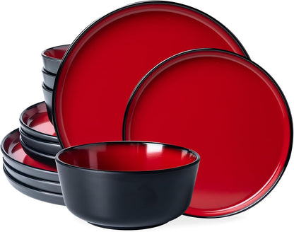 Melamine 12-Piece Modern Dinnerware Set, Kitchen Plates and Bowls Sets, Luxury 2 Tone Red and Black Ceramic Look Dish Set for 4.Christmas Luxury Dinnerware Dishes Set.1
