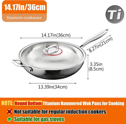 Titanium Hammered Wok, 2026 Upgrade Double-Side Hammered Frying Pans Nonstick, Non-Stick Wok,Durable Scratch-Resistant Non Stick Titanium Pans for Cooking,With Lid,14In2